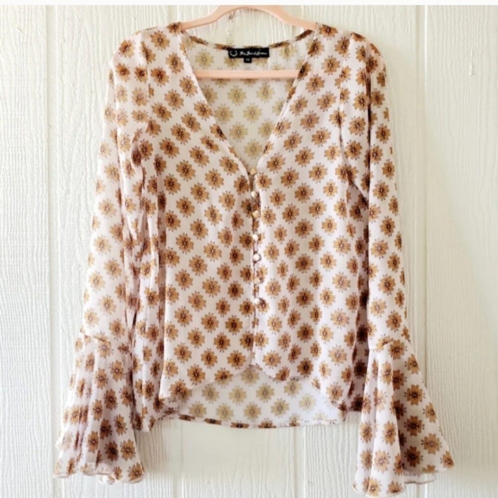 For Love and Lemons Semi Sheer Button Down VNeck Poet Sleeves Peasant Top Medium